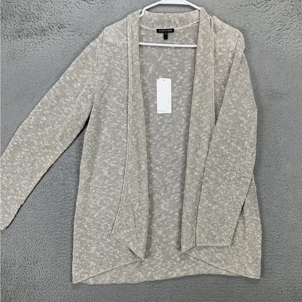 Eileen Fisher Heathered Light Gray/Tan/Taupe Open Front Cardigan Large